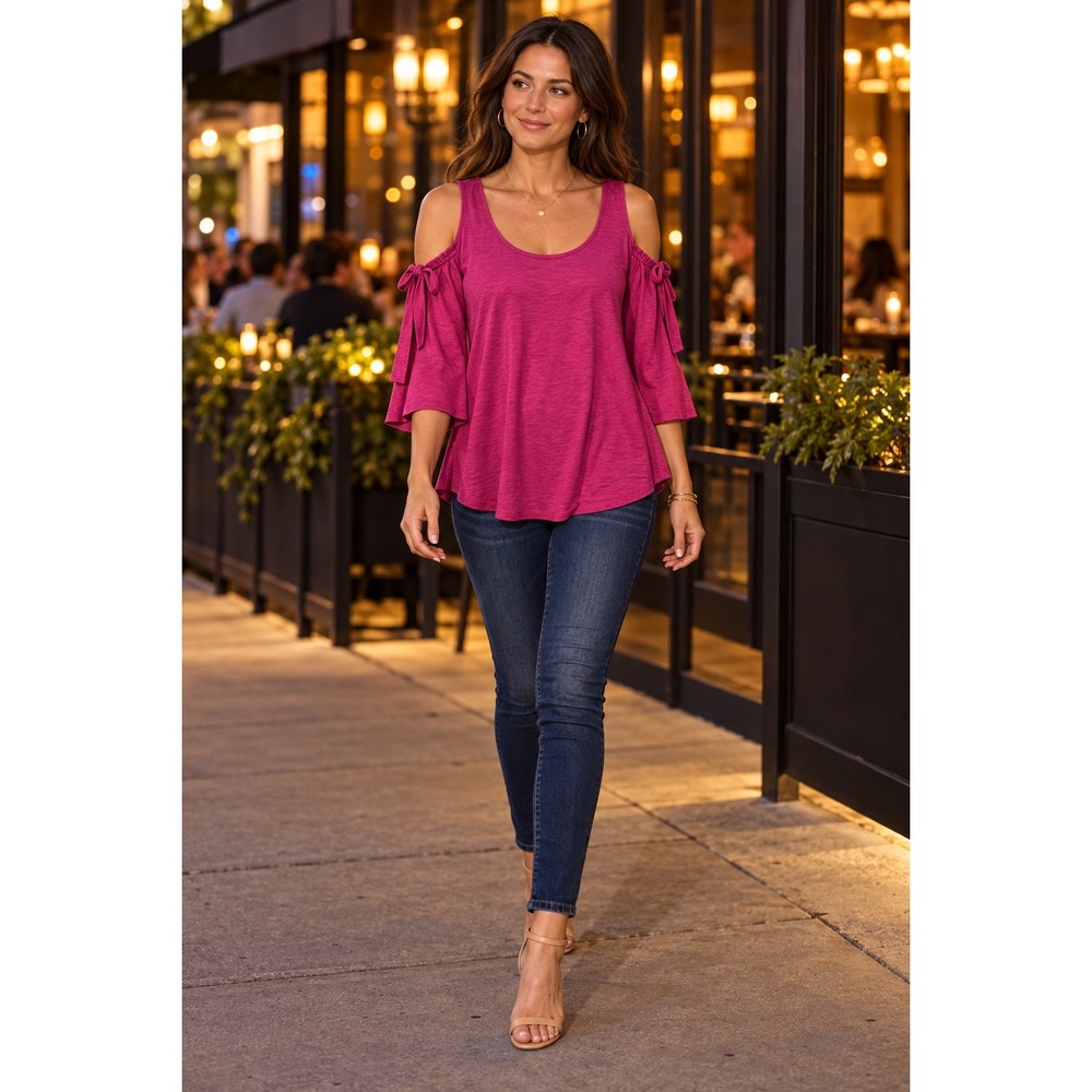 Express Magenta Pink Cold Shoulder Tie Sleeve Slub Knit Top Large
